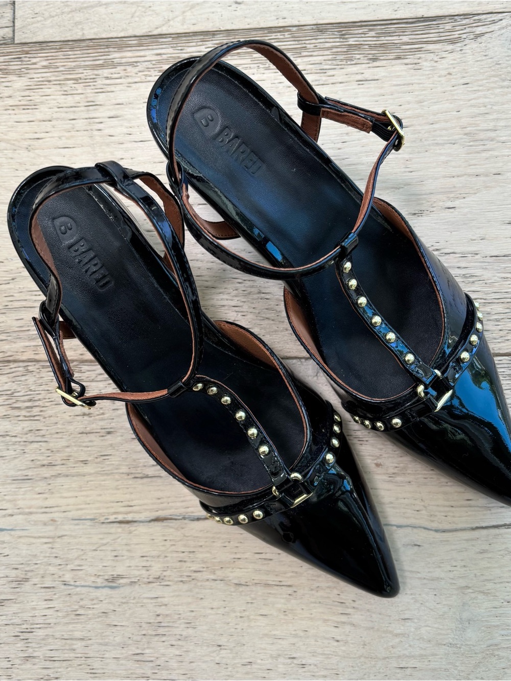 Bared Footwear Black Patent Pointed Slingback Heels with Stud Detail